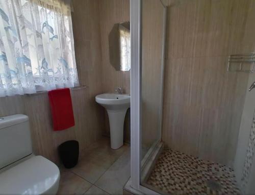 uma casa de banho com um chuveiro, um WC e um lavatório. em Eden East em Elysium
