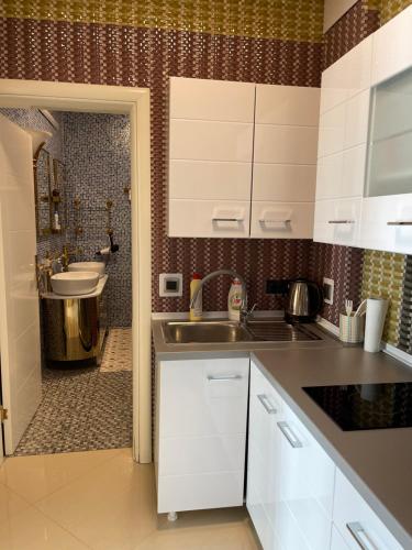 a kitchen with a sink and a bathroom with a shower at Apartments Villa Isabella in Opatija
