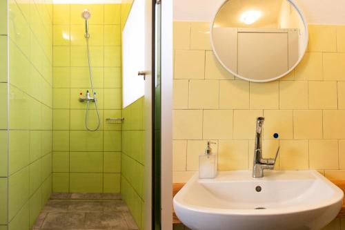 La salle de bains est pourvue d'un lavabo et d'un miroir. dans l'établissement Turisticky Raj, à Hrabušice