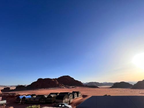 a group of chairs sitting in the desert at Wadirum Zeid camp&Tours in Wadi Rum
