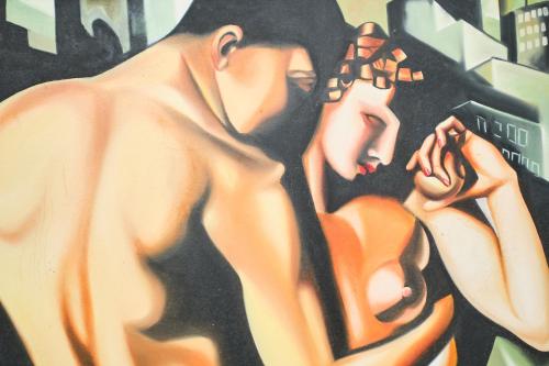 a painting of two women standing next to each other at La Villetta in Pula