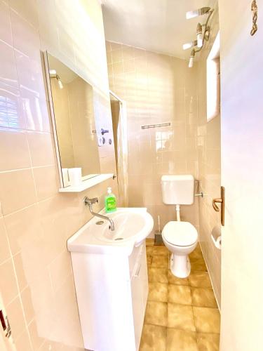 a bathroom with a sink and a toilet at Dragan's Den Hostel in Korčula