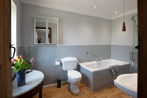 a bathroom with a toilet and a tub and a sink at Beaconsview B&B in Brecon
