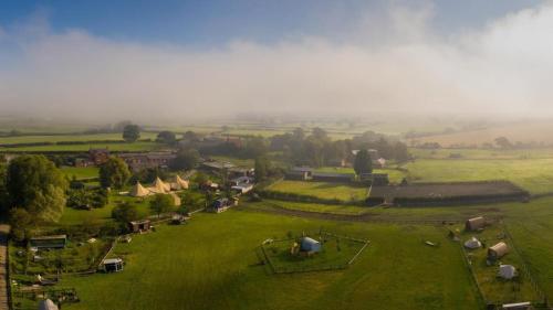 an aerial view of a green field with animals in it at Skipbridge farm glamping in York