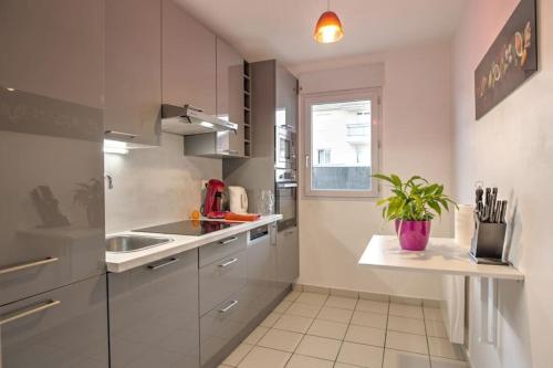 a kitchen with white cabinets and a sink and a window at Le Jardin de l'Atrium - Appartement moderne proche de Genève et Palexpo in Saint-Julien-en-Genevois
