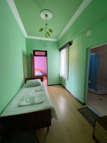 a room with two beds in a room with green walls at Villa Jakos Paradise in Batumi