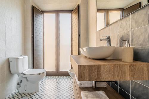 a bathroom with a sink and a toilet at Apartamentos El Patio Plaza de Santa Clara - con vistas en el casco histórico in Cáceres