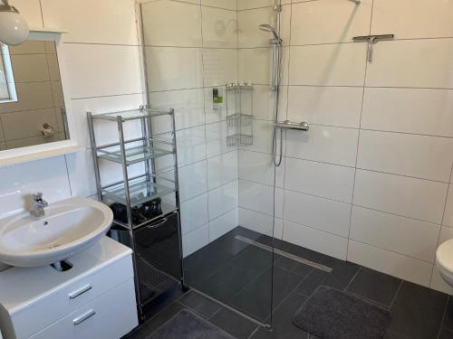 W łazience znajduje się szklana kabina prysznicowa i umywalka. w obiekcie Ferienhaus Russ w mieście Bad Radkersburg
