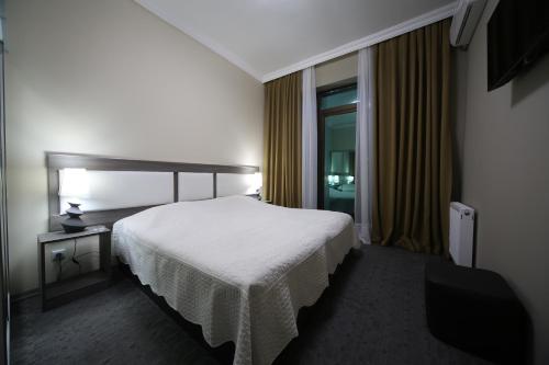 a hotel room with a bed and a window at Discovery Hotel in Kutaisi