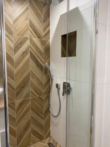 a bathroom with a shower with a glass door at Apartament Skipper in Gdańsk