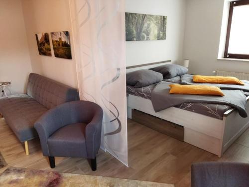 ein Schlafzimmer mit einem Bett, einem Stuhl und einem Sofa in der Unterkunft Ferienwohnung Familie Pohle in Lübbenau