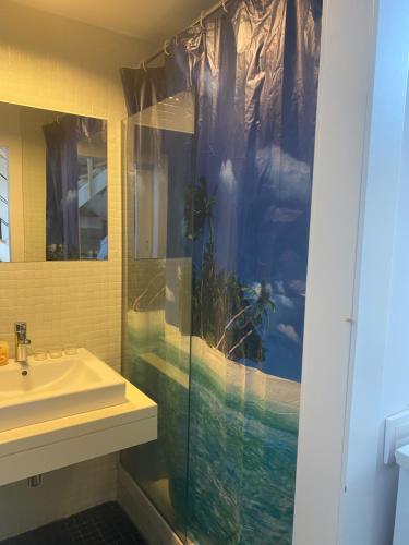 a bathroom with a sink and a shower curtain at Cáscaras in Camarma de Esteruelas