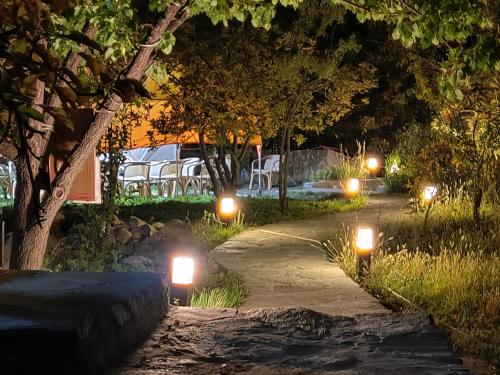 a group of lights on a path at night at Grapes Garden Resort Hunza in Hunza