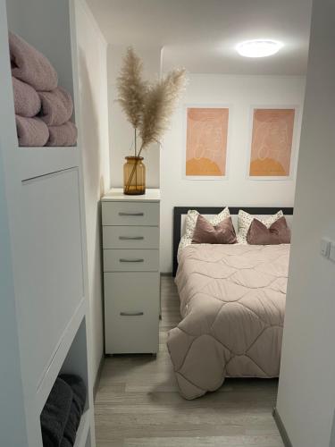 een slaapkamer met een bed en een dressoir met een plant bij Apartman Carpe Diem in Jajce