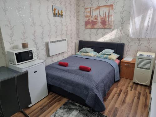 1 dormitorio con 1 cama con 2 almohadas rojas en Csillag Apartman, en Kisvárda