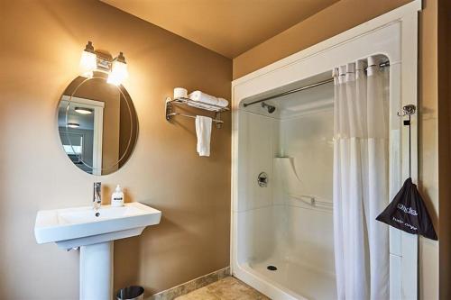 a bathroom with a sink and a shower at 3 Pines Lodge Muskoka in Huntsville
