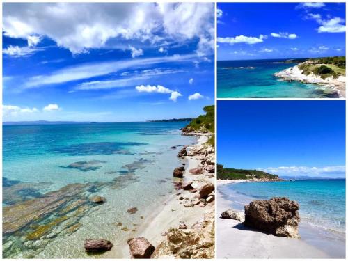 a collage of three pictures of the beach at Le Vele Carloforte in Carloforte