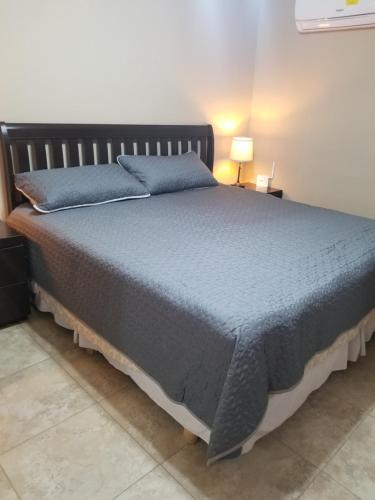 een slaapkamer met een groot bed en een blauwe deken bij Cabañas Los Laureles Ruta del vino bc in Ensenada