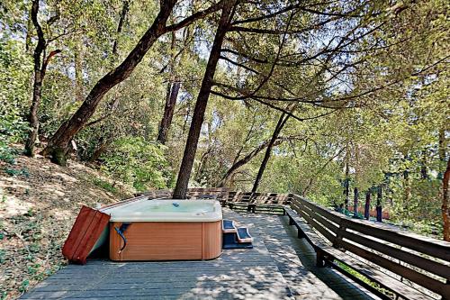 a bath tub sitting on a walkway in the woods at Dry Creek Haven in Healdsburg