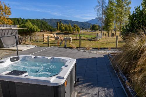 a hot tub on a patio with a horse in a field at Kepler Mountain View in Manapouri