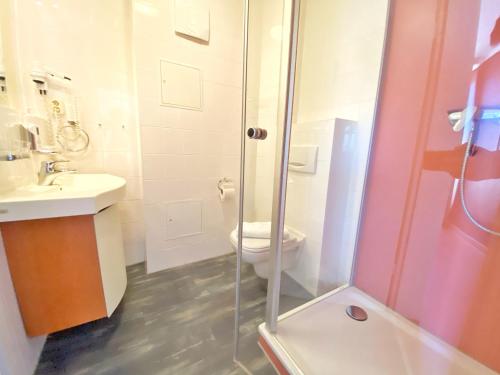 a bathroom with a shower and a toilet and a sink at Appartements am Rondell Neddesitz, Appartement 310 in Neddesitz