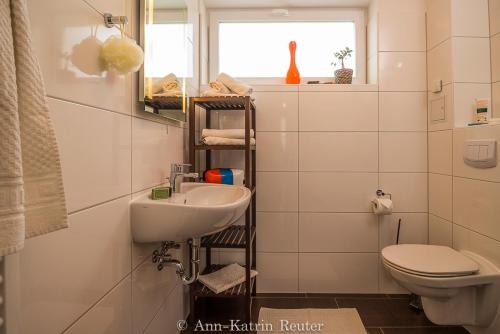 a bathroom with a sink and a toilet and a window at Lietzow Appartementhaus Möwe Haus Möwe - Ferienwohnung 4 "Silbermöwe" in Lietzow