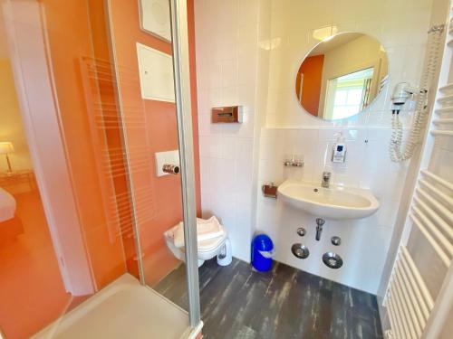 een badkamer met een douche, een wastafel en een toilet bij Appartements am Rondell Neddesitz, Appartement 308 in Neddesitz
