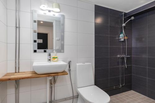 uma casa de banho com um lavatório, um WC e um chuveiro em Hotelli & Ravintola Martinhovi em Raisio