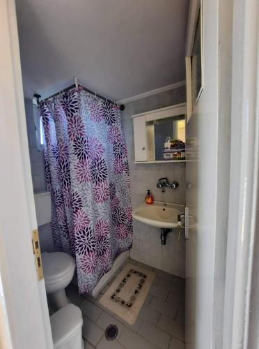 a bathroom with a shower curtain and a sink at Billy's Amoudi Apartments in Amoudi