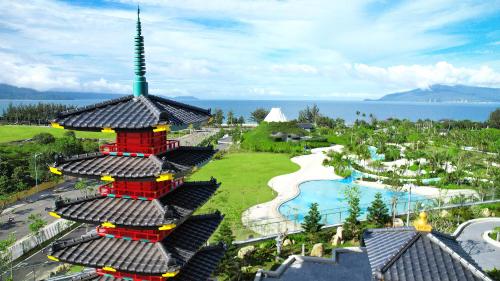 an aerial view of a resort with a pool at Da Nang - Mikazuki Japanese Resorts & Spa in Da Nang