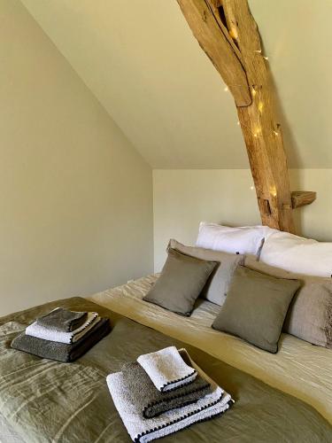 - une chambre avec 2 lits et des lumières au plafond dans l'établissement Le moulin du Mesnil, à Saint-Georges-sur-Cher