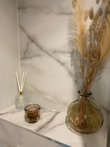 a vase with feathers and a candle on a shelf at O2M Gresy sur aix in Mognard
