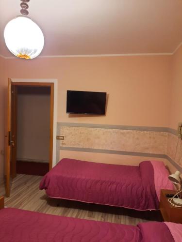 a bedroom with a purple bed and a flat screen tv at Albergo la Valle in Daone