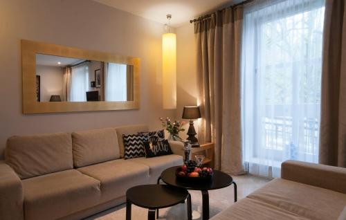 a living room with a couch and a window at IRS ROYAL APARTMENTS Apartamenty IRS Willa Krystyna in Sopot