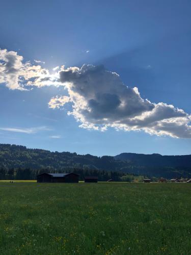 a green field with a blue sky and clouds at Bergpanorama in Oberstdorf