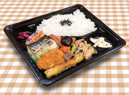 a black tray of food with rice and seafood at Hotel Trend Kyobashi Ekimae in Osaka