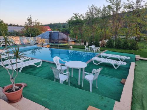 a swimming pool with a table and chairs next to a pool at Natalia Guesthouse in Sărata-Monteoru