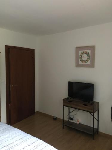 a bedroom with a bed and a television on a table at Coeur de nature in Rasiguères