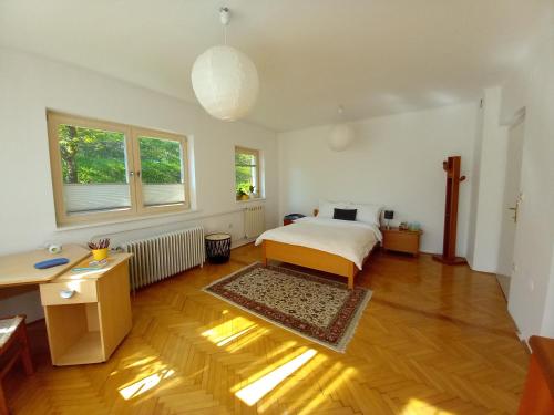 sypialnia z łóżkiem i biurkiem oraz 2 oknami w obiekcie Lovely 2-bedroom appartment with free parking w mieście Dobrova