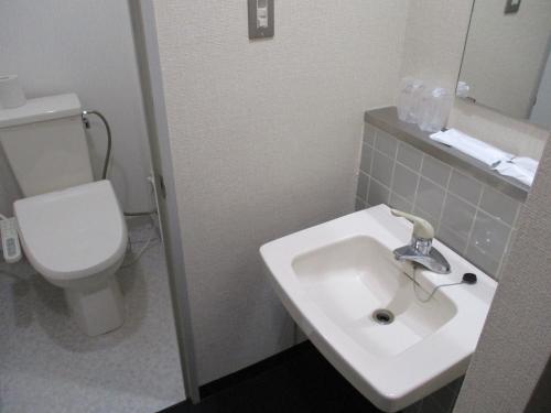 uma casa de banho com um lavatório branco e um WC. em Hotel Tetora HonHachinohe em Hachinohe