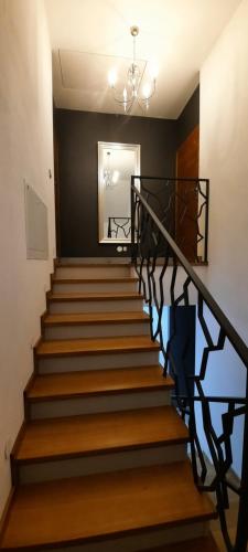 a stairway with a black railing and wooden stairs at ELFF -Apartamenty i pokoje gościnne in Cisna