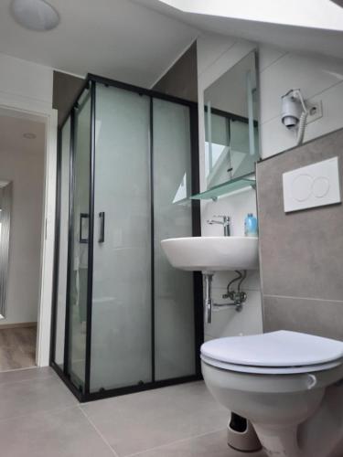 a bathroom with a toilet and a sink at Am Zollverein Ferienwohnung Apartment Essen - Free Parking - WiFi - Kitchen in Essen