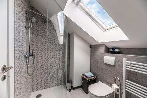 a bathroom with a shower and a toilet and a skylight at Apartments Adversarium in Koprivnica