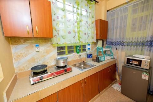 a kitchen with a counter with a stove and a sink at Repose Stay - Karen, 2 Bedroom, WiFi,Parking, CCTV in Nairobi
