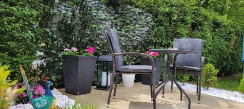 two chairs and a table with flowers on a patio at Vila Jovana in Vrdnik