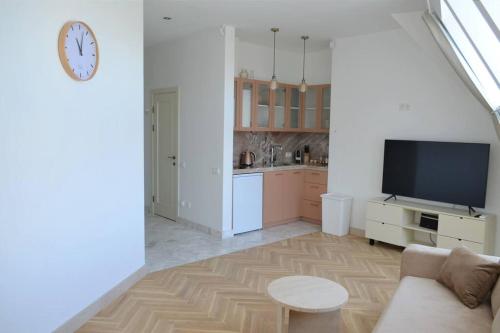 a living room with a couch and a flat screen tv at Luxury apartment with a balcony and view in Riga Old Town in Rīga