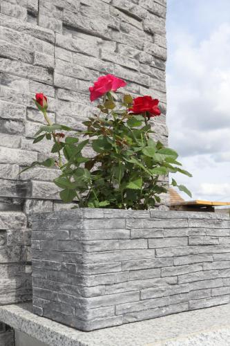 a planter with red flowers in a brick wall at Apartman Normanci near Bizovac thermal spa in Normanci