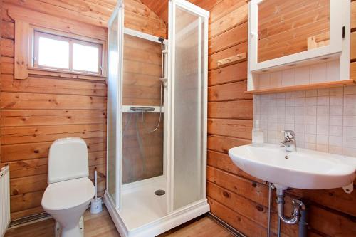 a bathroom with a shower and a toilet and a sink at Nupar Cottages in Ölfus