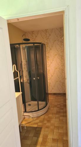 een badkamer met een glazen douche in de kamer bij Le domaine du bengal 2 in Veuil