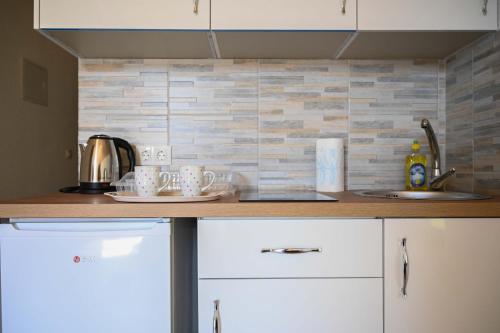 a kitchen with white cabinets and a counter top at Elem apartmani Skver in Tuzla